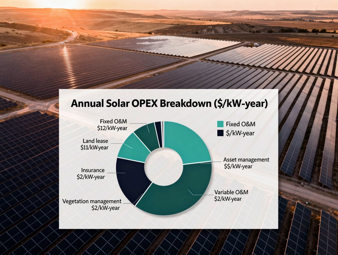 Pie chart diagram showing the annual OPEX breakdown for a utility-scale solar project including O&M, land lease, insurance, and vegetation management costs