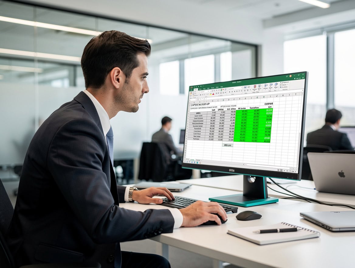Financial analyst reviewing a utility-scale solar project finance model in Excel showing CAPEX and OPEX schedules with IRR output