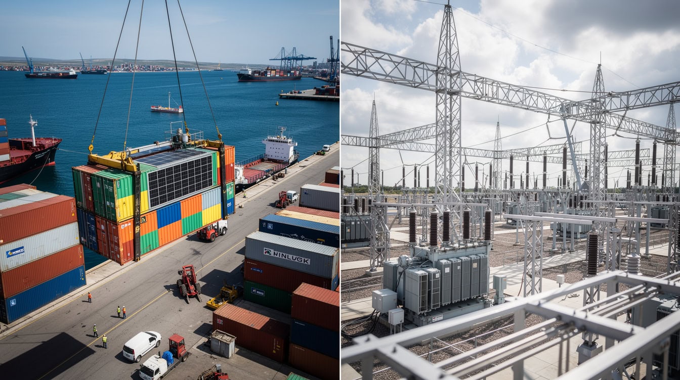Wide illustration showing two key 2026 CAPEX risk drivers: module tariffs at a port and interconnection queue delays at a transmission substation