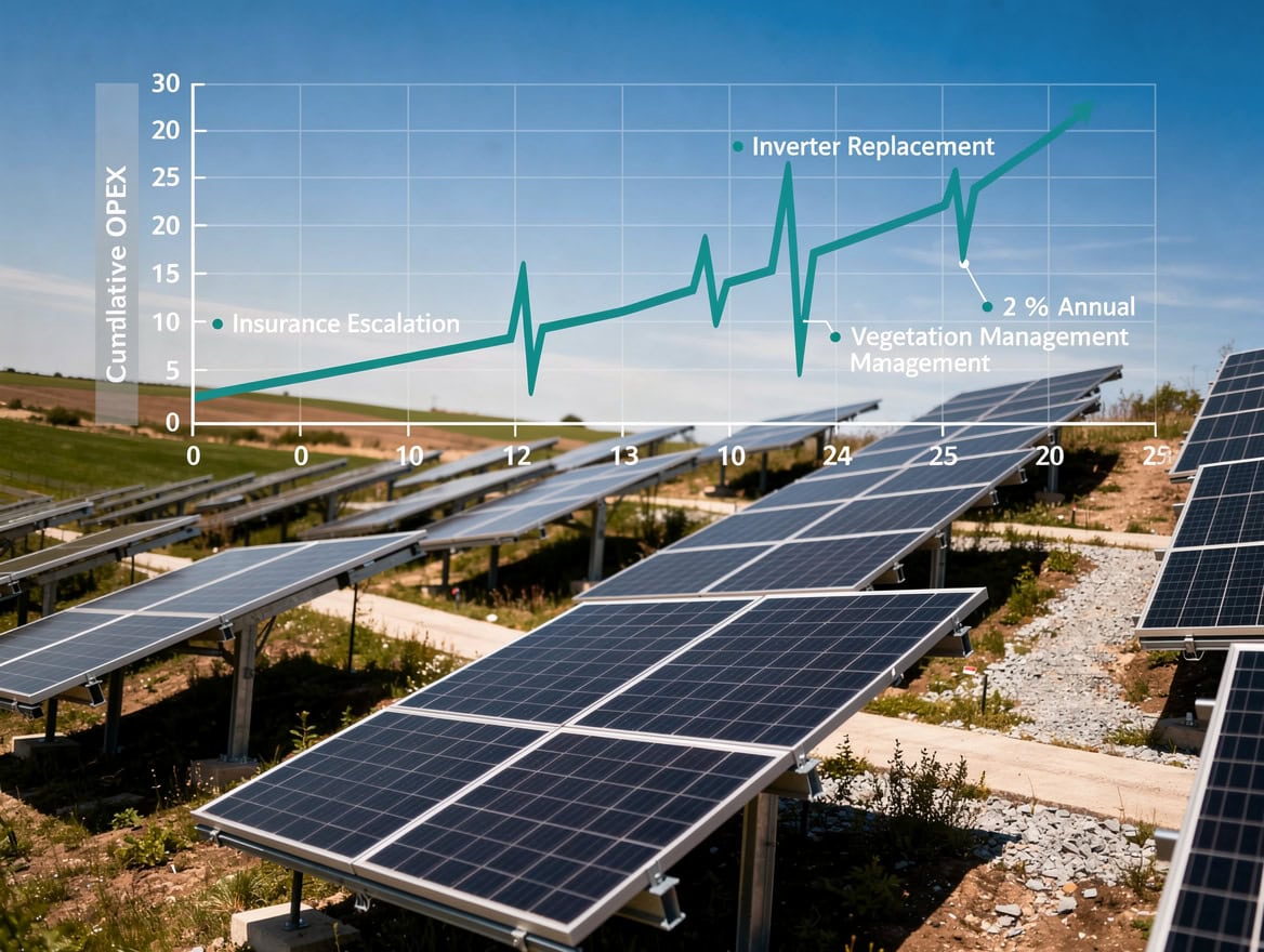 Line chart diagram showing 25-year cumulative OPEX escalation for a utility-scale solar project with inverter replacement spike at year 12-15