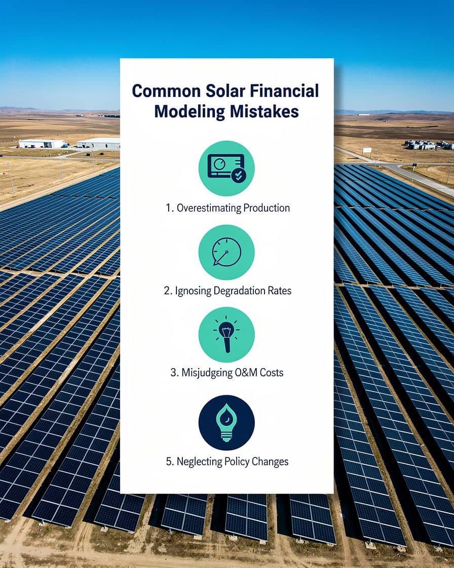 Tall vertical infographic listing 5 common mistakes in utility-scale solar CAPEX and OPEX financial modeling with numbered icons