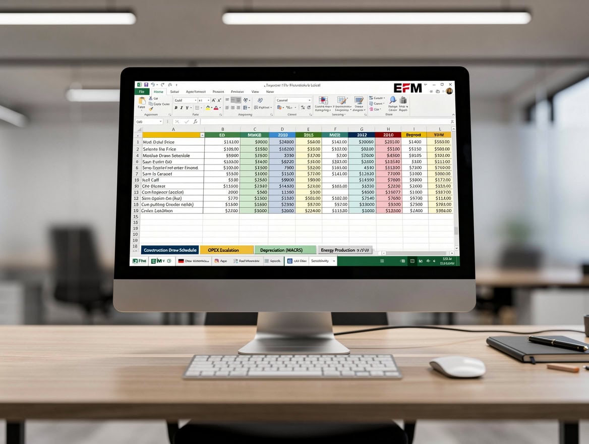 Excel financial model template for utility-scale solar showing tabs for CAPEX draw schedule, OPEX escalation, MACRS depreciation, and sensitivity analysis