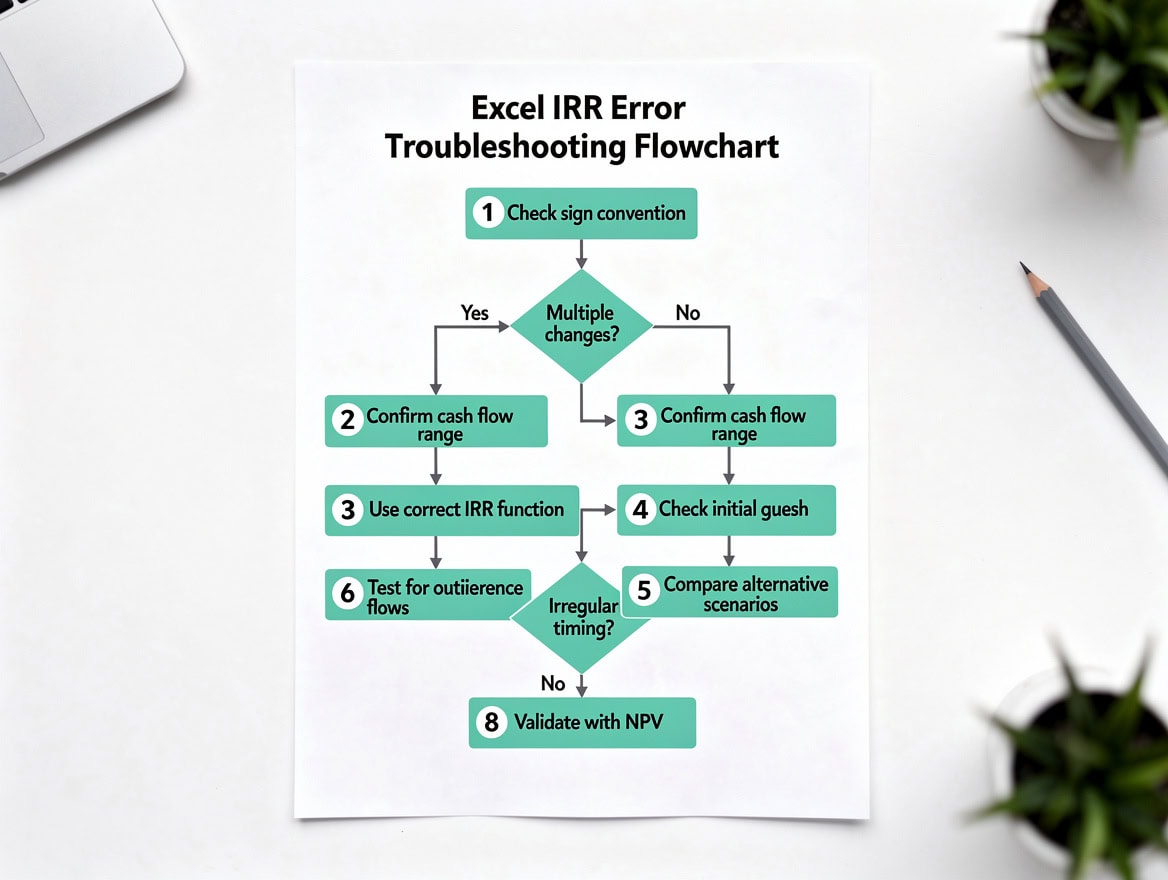 8-step troubleshooting flowchart for Excel IRR errors with negative cash flows, showing decision points for multiple sign changes and irregular timing