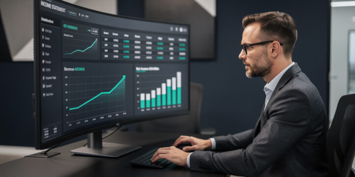 Wide cinematic banner of a financial analyst reviewing a 5-year projected income statement on a monitor with growth charts