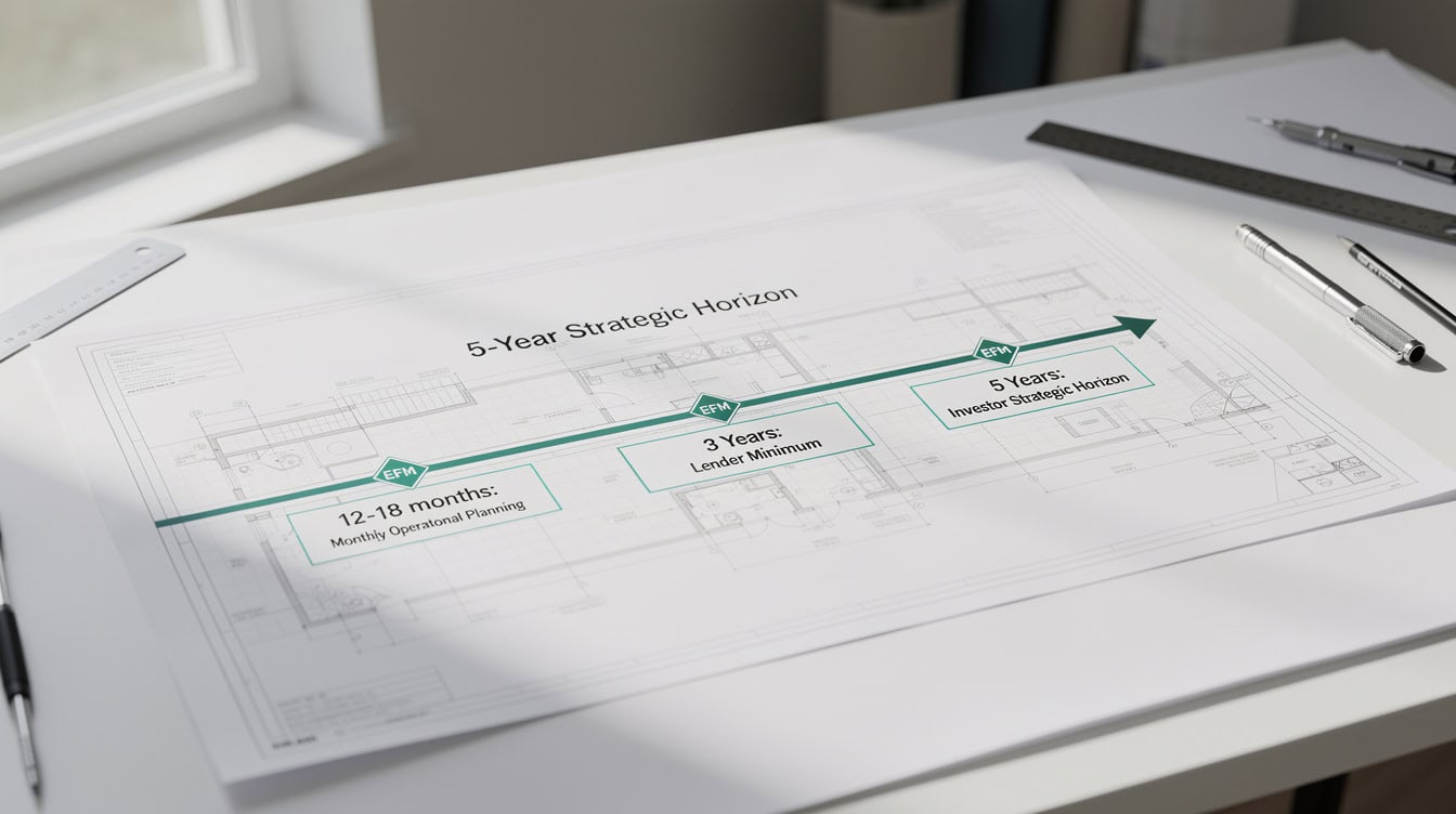 Diagram showing the 5-year strategic planning horizon with labeled milestones for operational, lender, and investor timeframes
