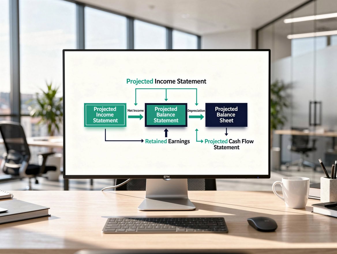Side-by-side comparison diagram of corporate versus small business three-statement model structure showing simplified line items for small businesses