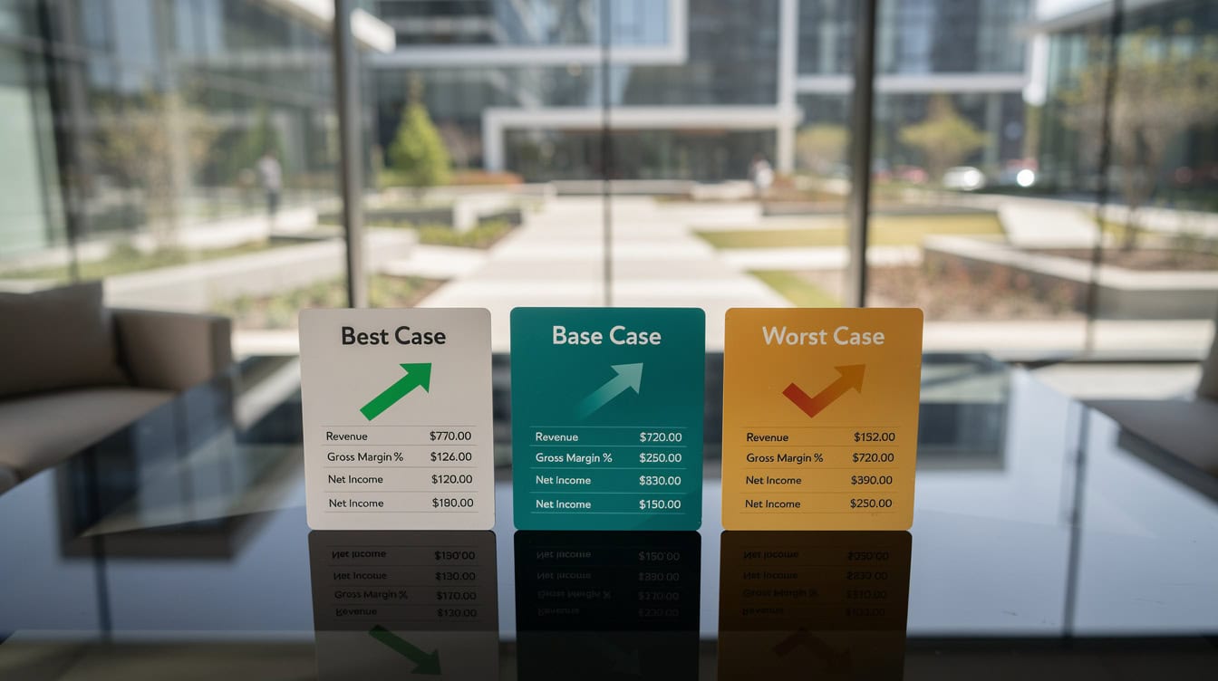 Three scenario cards showing best case, base case, and worst case projections with revenue growth, gross margin, and net income figures