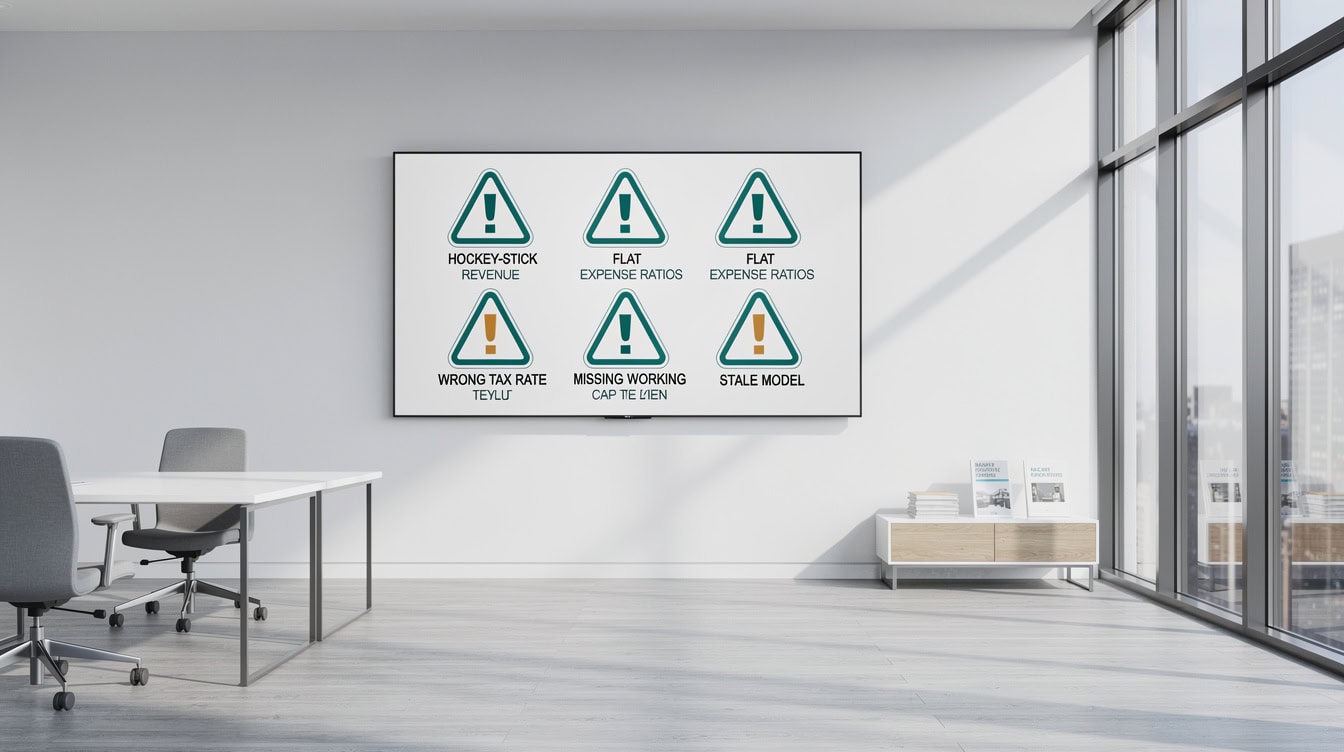 Five common pitfall icons for 5-year income statement projections including hockey-stick revenue, flat expense ratios, missing working capital, wrong tax rate, and stale model