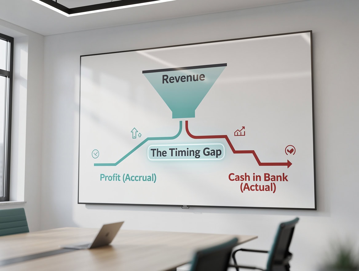Diagram showing how revenue splits into accrual profit and actual cash with a highlighted timing gap between them