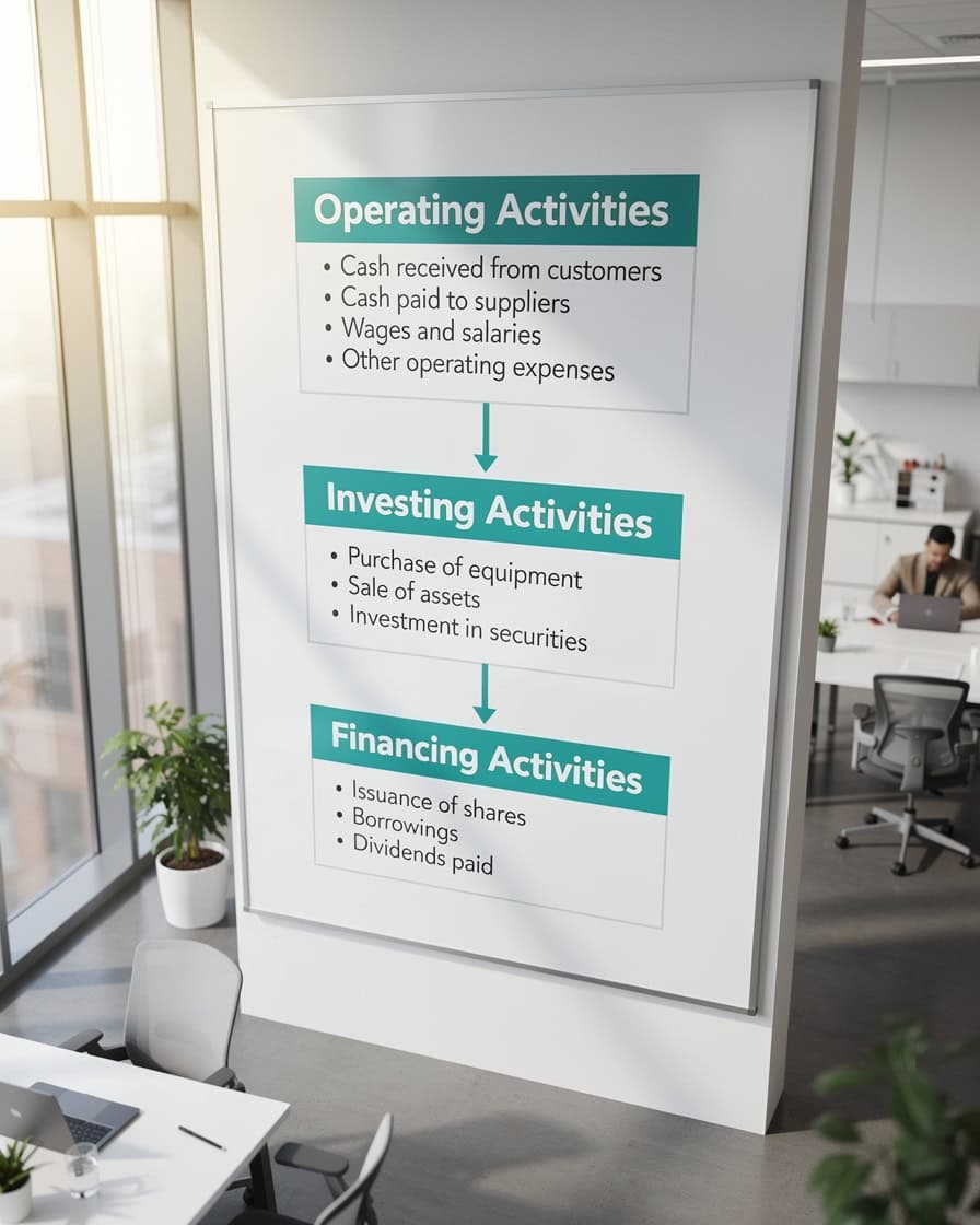Vertical flowchart showing the three components of a cash flow forecast: operating, investing, and financing activities with example line items