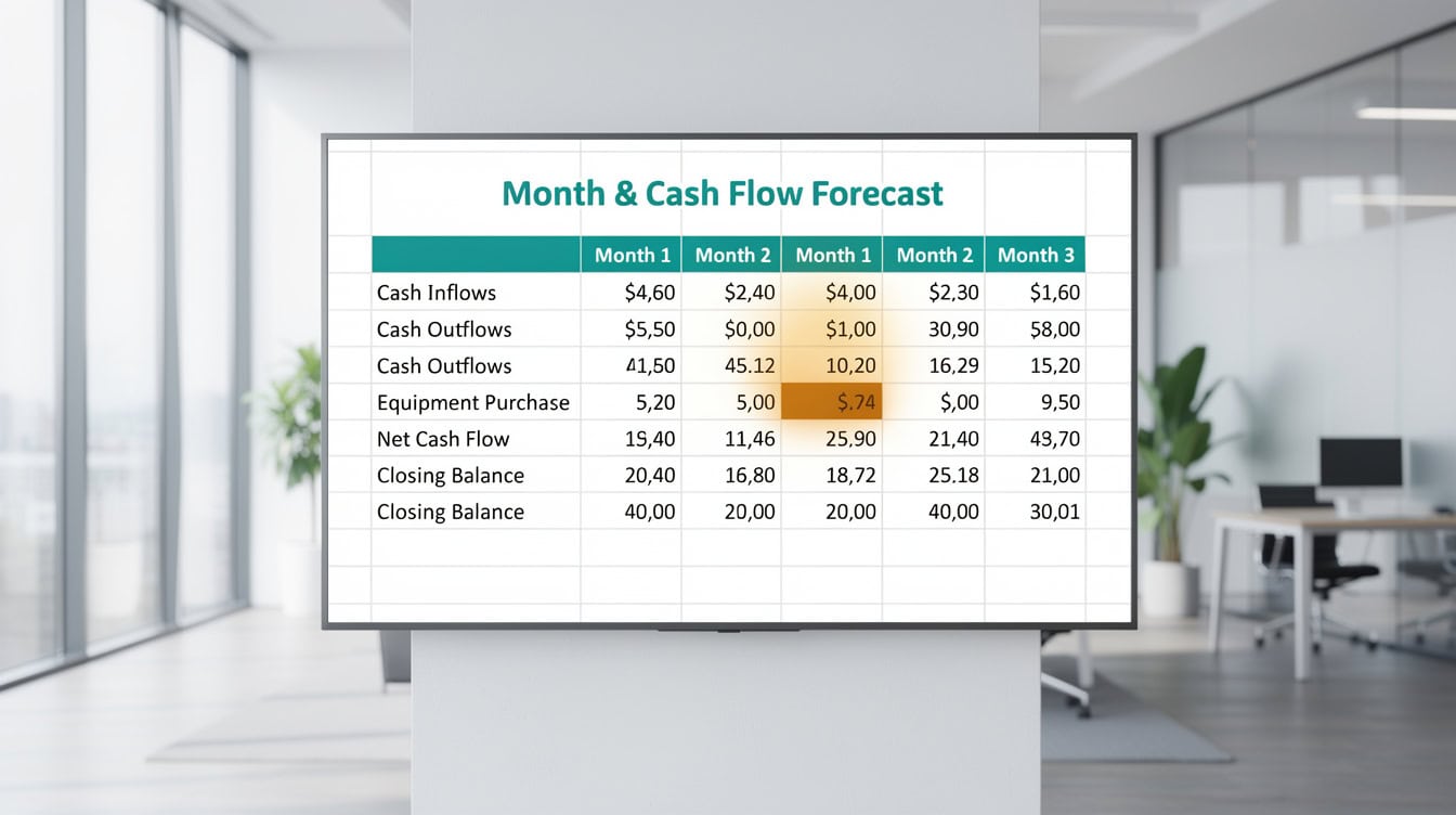 Excel-style cash flow forecast mockup showing three months of data with Month 2 closing balance highlighted in amber due to an equipment purchase
