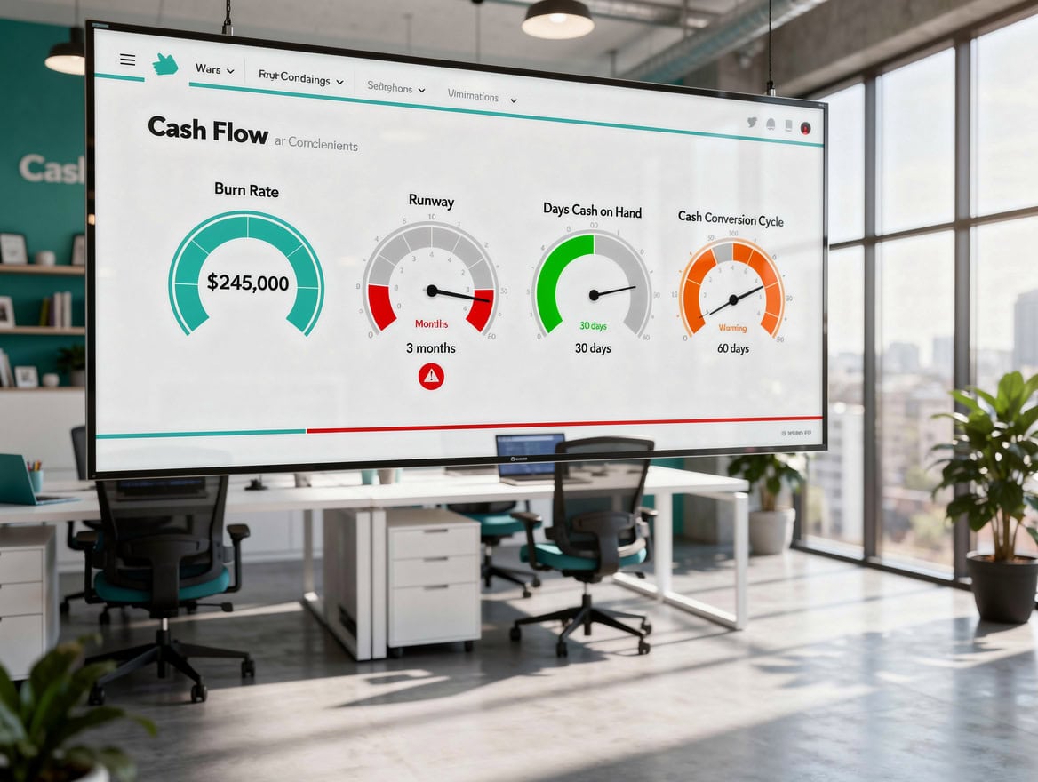 Dashboard infographic showing four cash flow health metrics: burn rate, runway, days cash on hand, and cash conversion cycle with color-coded danger thresholds