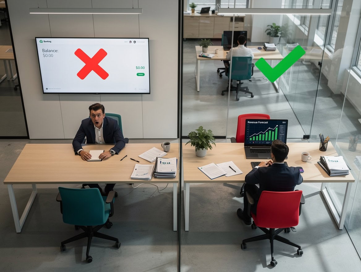 Split illustration comparing a business owner shocked by an empty bank account without a forecast versus calmly managing with a forecast in place