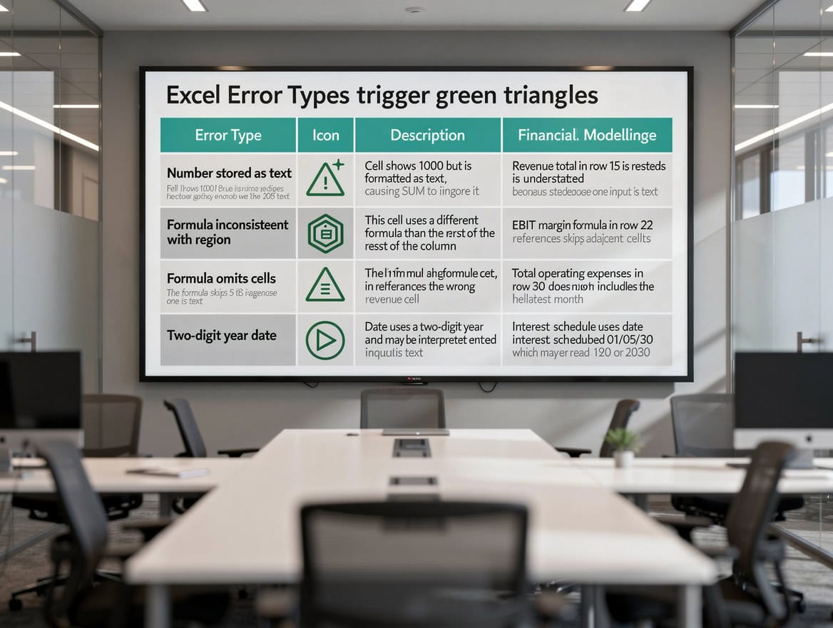 Five common small business financial modeling mistakes illustrated as warning signs: owner draw as expense, cash vs accrual confusion, flat monthly revenue, missing loan principal, and unbalanced balance sheet
