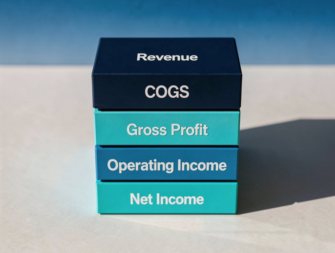 Annotated income statement diagram for a small business showing revenue, COGS, gross profit, operating expenses, and net income with gross margin benchmarks