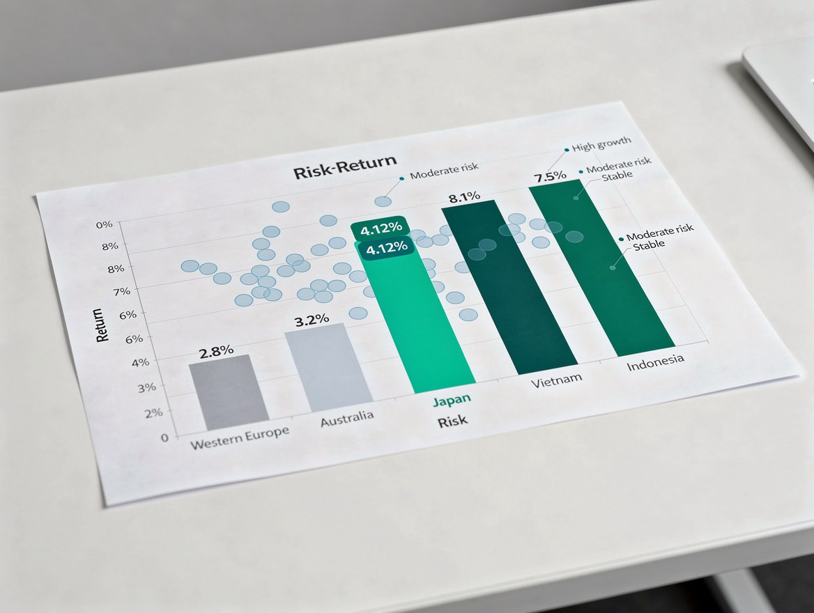Bar chart comparing Asia-Pacific hospitality market CAGRs showing Japan at 4.12 percent in the middle range between mature Western markets and high-growth Southeast Asian markets