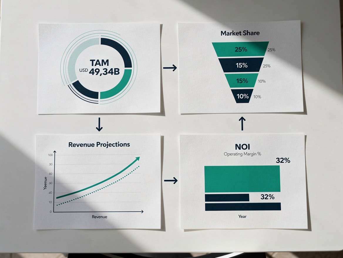 Four-panel diagram showing the Japan hospitality financial modeling framework from total addressable market through market share to revenue projection to NOI derivation