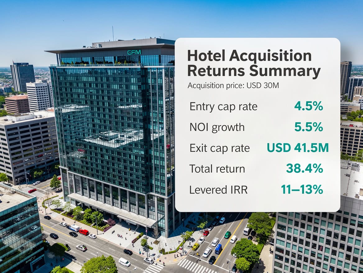Financial returns summary diagram for a USD 30 million Japan hotel acquisition showing entry cap rate, NOI growth, exit value, and levered IRR outputs