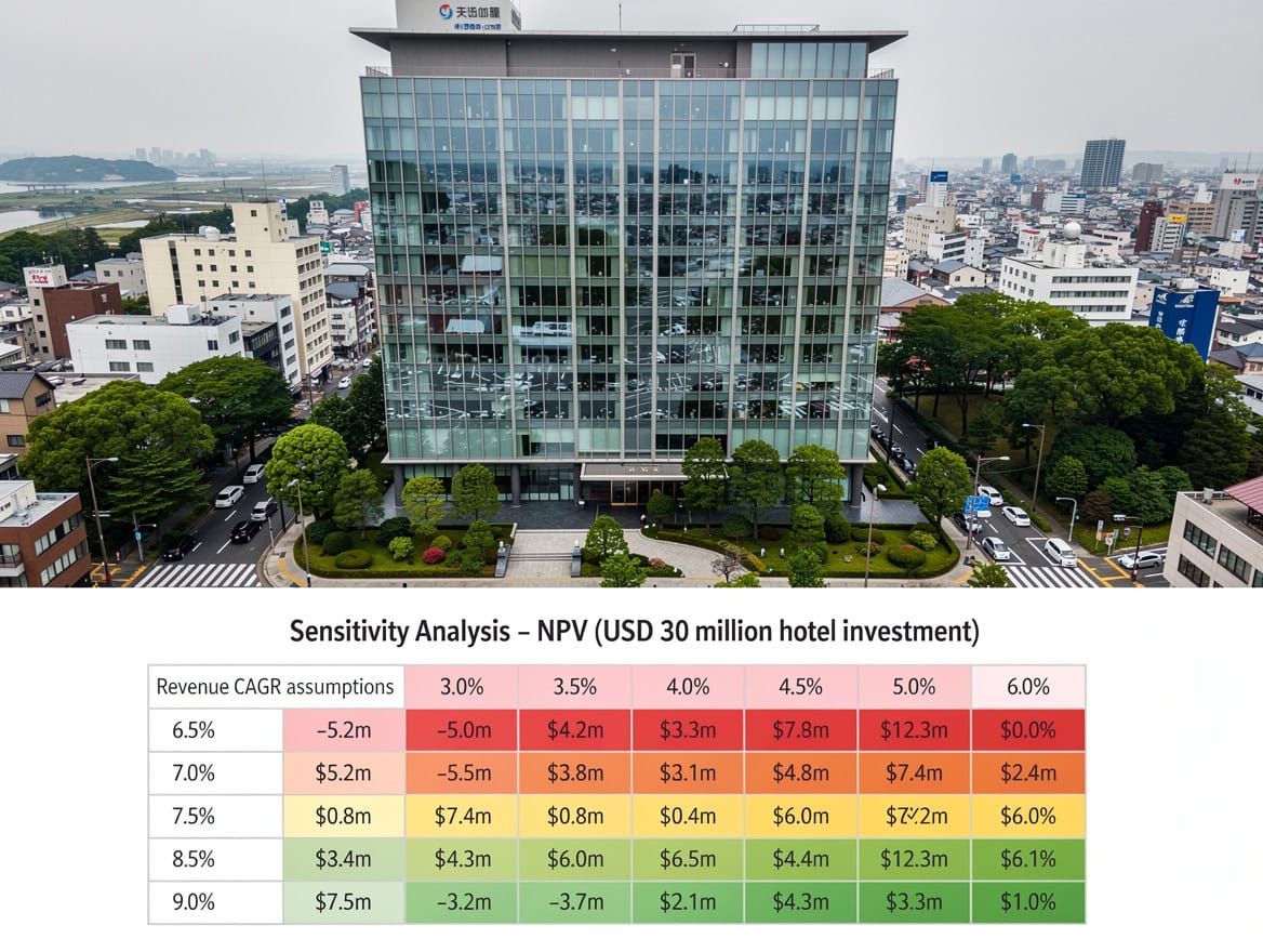 Sensitivity analysis heat map showing NPV outcomes for a USD 30 million Japan hotel investment across CAGR assumptions from 3 to 6 percent and discount rates from 6.5 to 9 percent