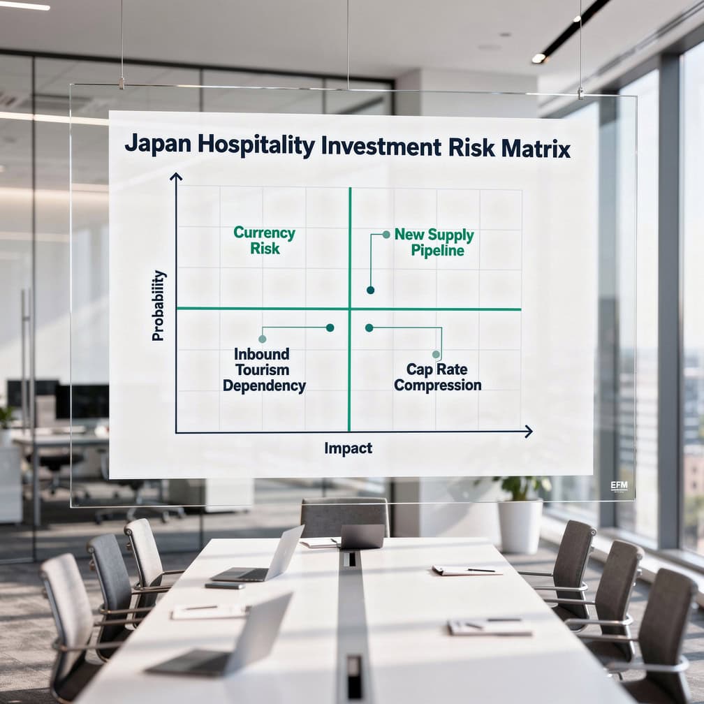 Square risk matrix diagram for Japan hospitality investments 2026 to 2031 showing four key risks plotted by probability and impact including currency risk new supply inbound tourism and cap rate compression