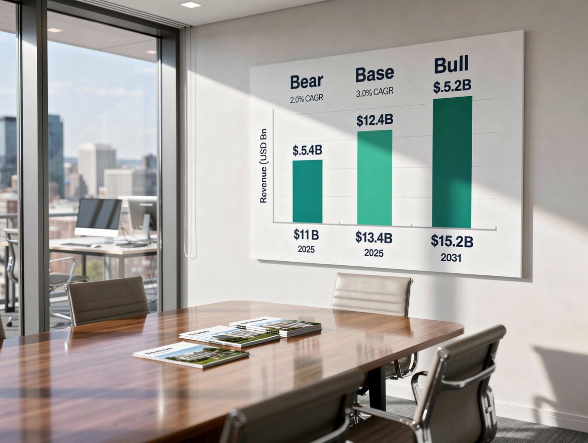 Bar chart diagram comparing three France hotel market revenue scenarios from 2025 to 2031 under bear, base, and bull CAGR assumptions