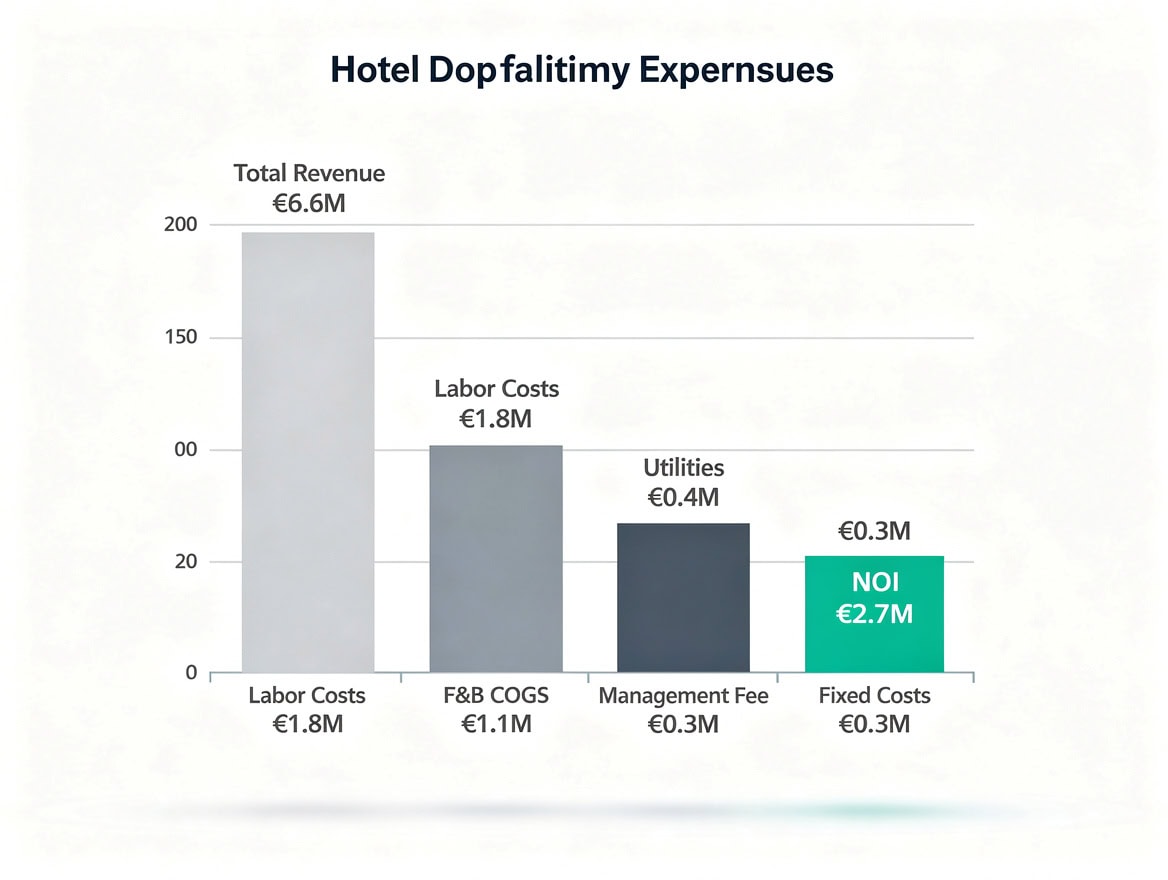 Waterfall chart diagram showing hotel NOI calculation from total revenue through operating expense deductions to net operating income for a French hotel