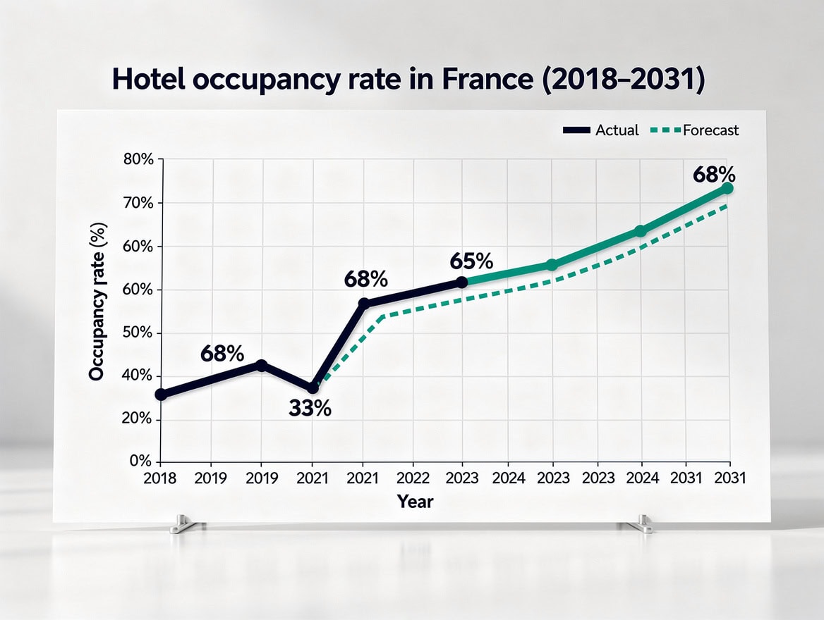 Line chart showing France hotel occupancy rate recovery from under 35% in 2020 to above 65% in 2024 with forward projection to 2031