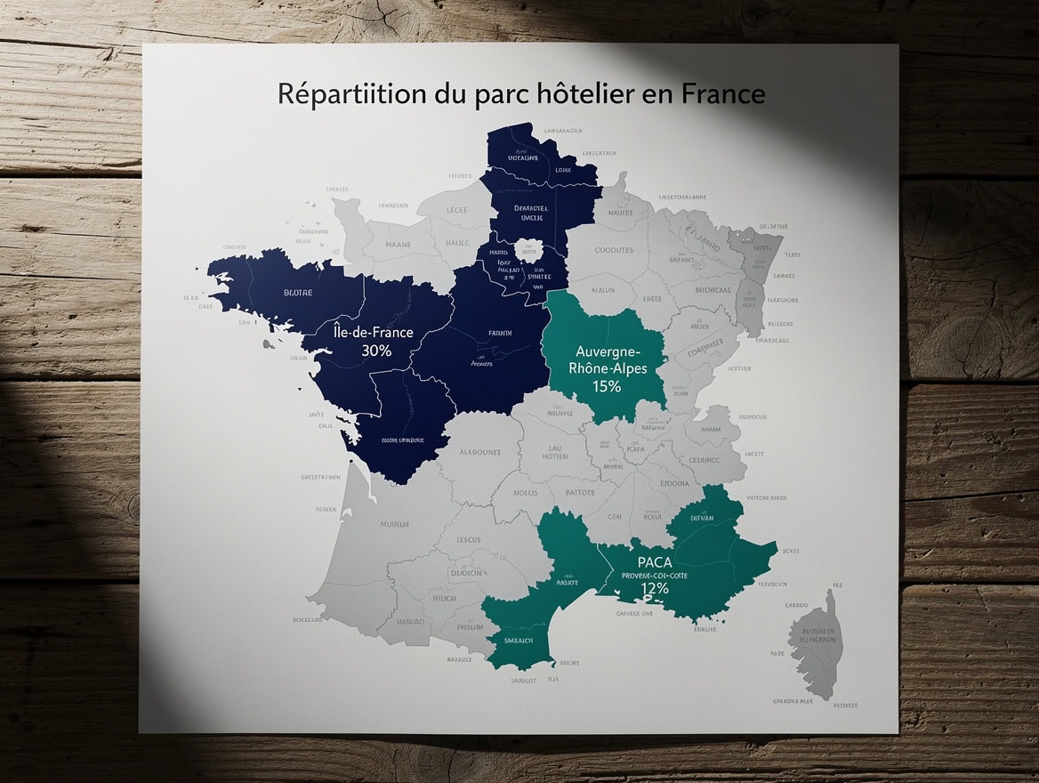 Map infographic of France showing geographic concentration of hotel stock by region with Île-de-France and Auvergne-Rhône-Alpes highlighted as the two dominant markets