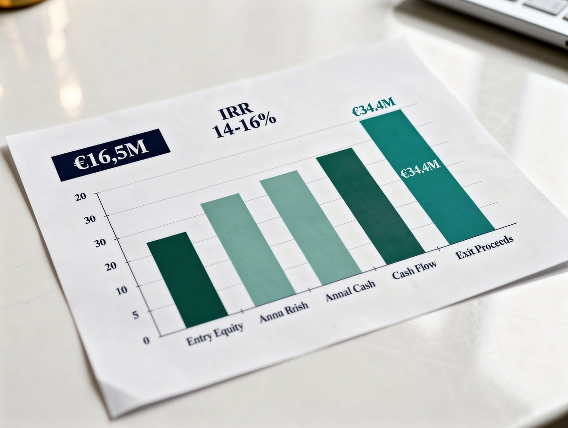 IRR waterfall diagram for a luxury Paris hotel acquisition showing equity investment, annual cash flows, and exit proceeds producing a 14-16% IRR