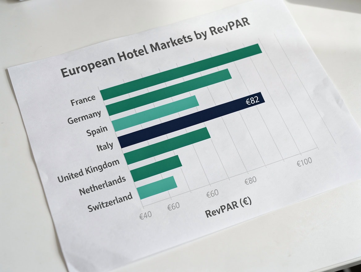 Horizontal bar chart comparing RevPAR across major European hotel markets with France at €82 benchmarked against UK, Switzerland, Germany, Spain, and Italy