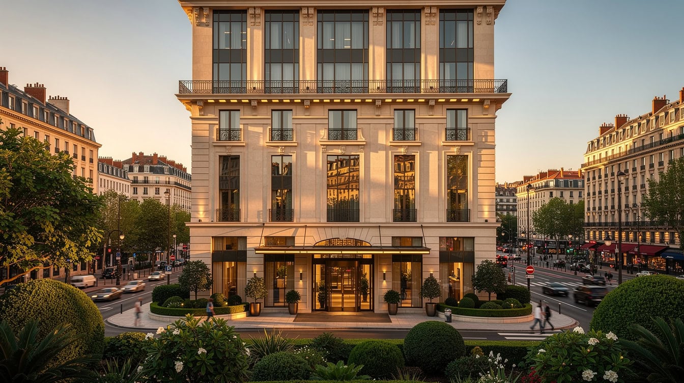 Wide illustration of a 6-module French hotel acquisition financial model showing revenue build, NOI calculation, debt service, and equity IRR for a Lyon upscale hotel