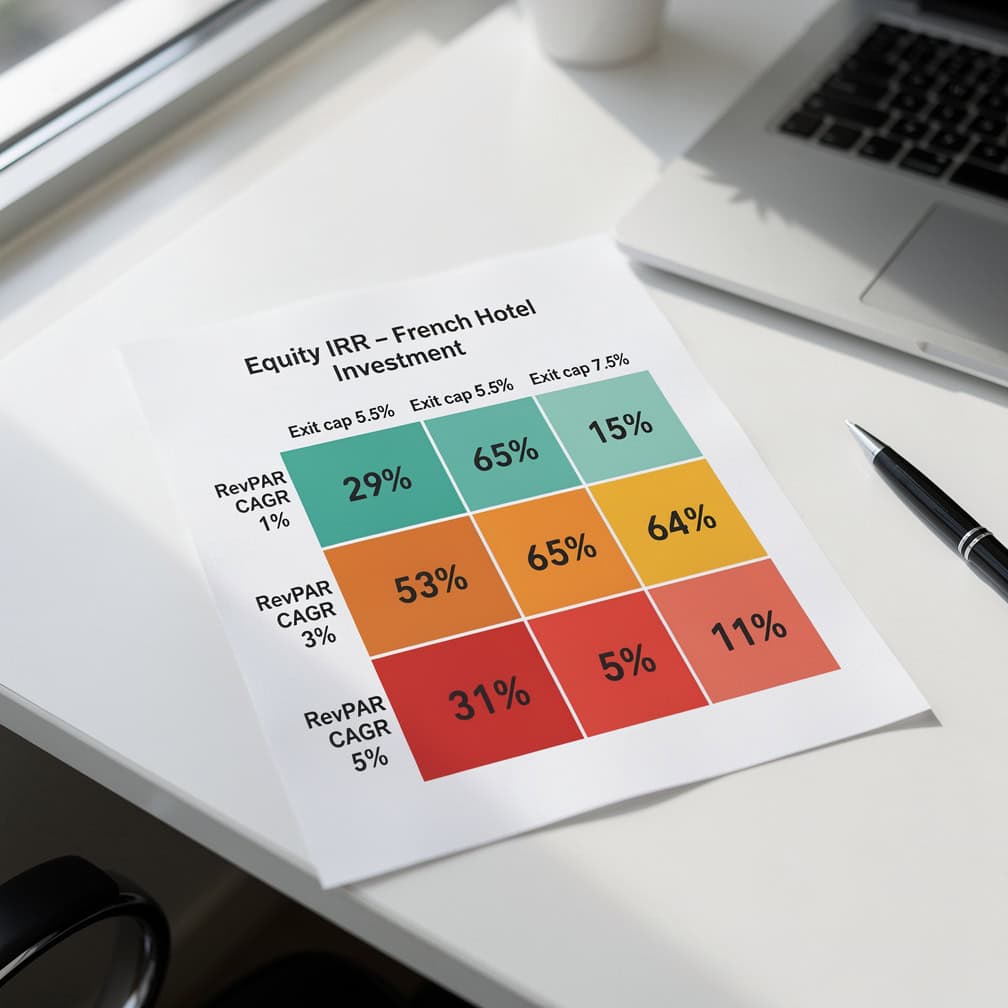 Square heatmap sensitivity table showing French hotel equity IRR outcomes across nine combinations of RevPAR growth rate and exit cap rate assumptions