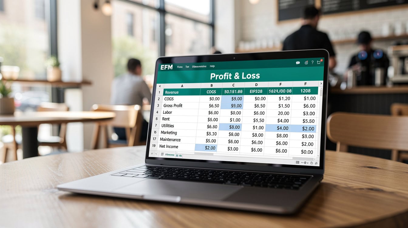 Excel P&L model for a coffee shop showing revenue to net income calculation