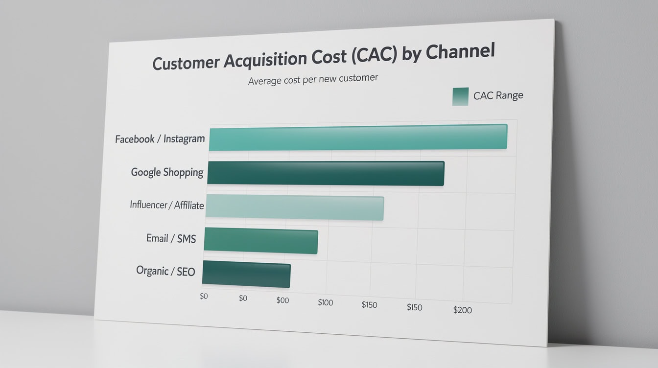 Horizontal bar chart showing customer acquisition cost ranges by marketing channel including Meta, Google Shopping, TikTok, influencer, email, and organic