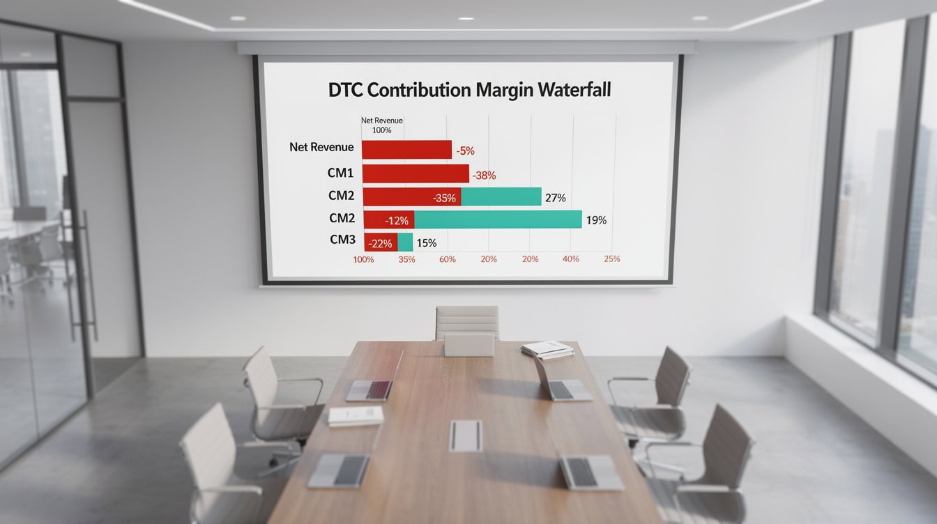 Waterfall chart showing DTC contribution margin waterfall from net revenue through CM1, CM2, and CM3 with percentage labels at each level