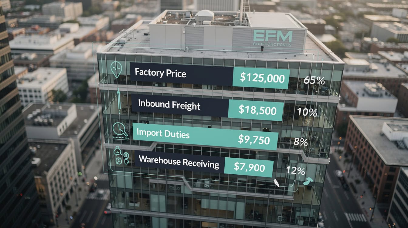 Stacked cost breakdown diagram showing DTC landed cost components including factory price, inbound freight, import duties, quality inspection, and warehouse receiving