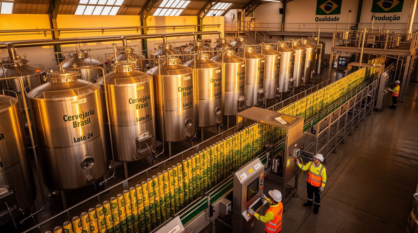 Large-scale Brazilian beer manufacturing facility with fermentation tanks and automated canning lines