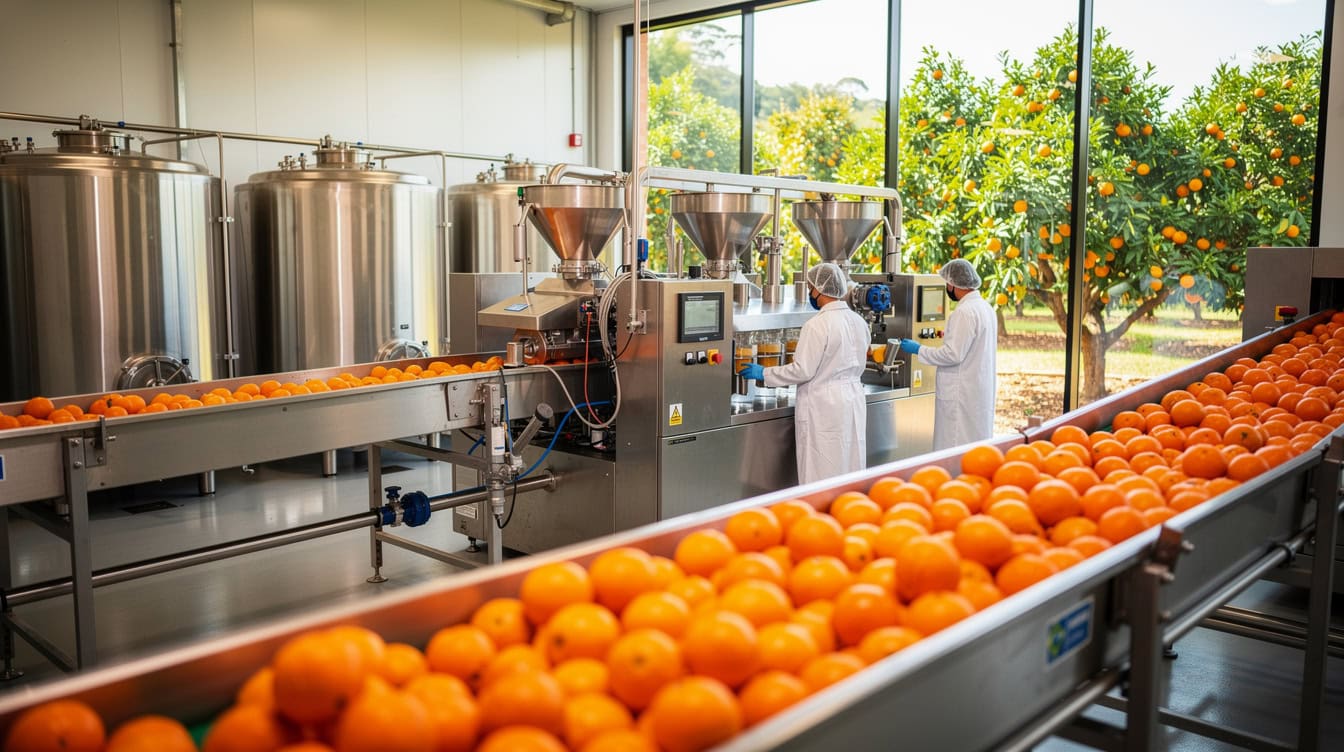 Brazilian orange juice manufacturing facility with extraction machinery and cold storage, citrus orchard visible in background