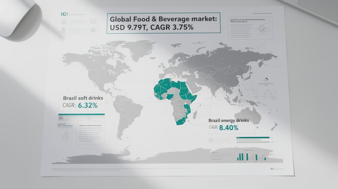 Global benchmarking infographic showing Brazil beverage CAGR rates versus global food and beverage market growth rate