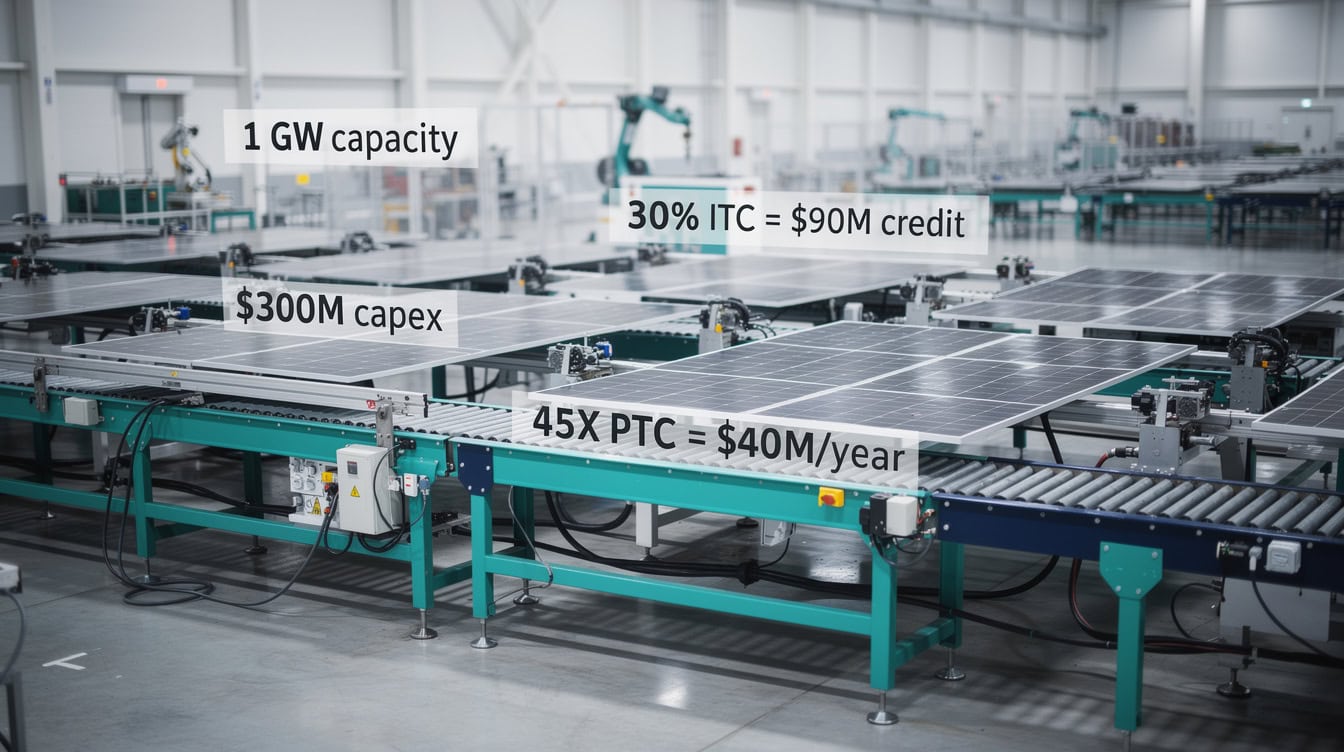 Solar panel manufacturing facility with IRA incentive callouts showing 30% ITC and 45X PTC financial benefits