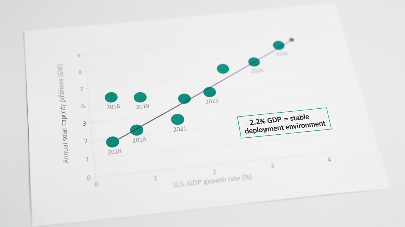 Scatter chart showing positive correlation between U.S. GDP growth rate and annual solar capacity additions 2018-2026