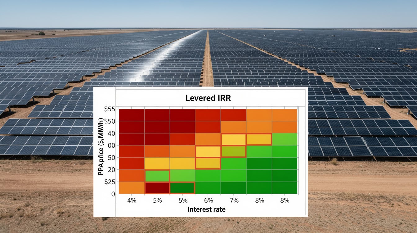 Sensitivity analysis heat map showing utility-scale solar levered IRR across PPA price and interest rate scenarios