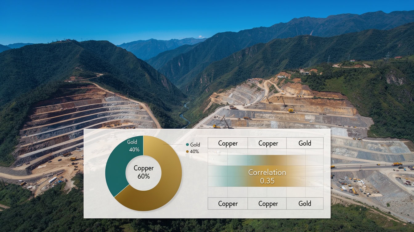 Portfolio allocation diagram showing 60 percent copper and 40 percent gold revenue split with correlation matrix for Peru mining portfolio diversification | eFinancialModels Portfolio allocation diagram showing 60 percent copper and 40 percent gold revenue split with correlation matrix for Peru mining portfolio diversification