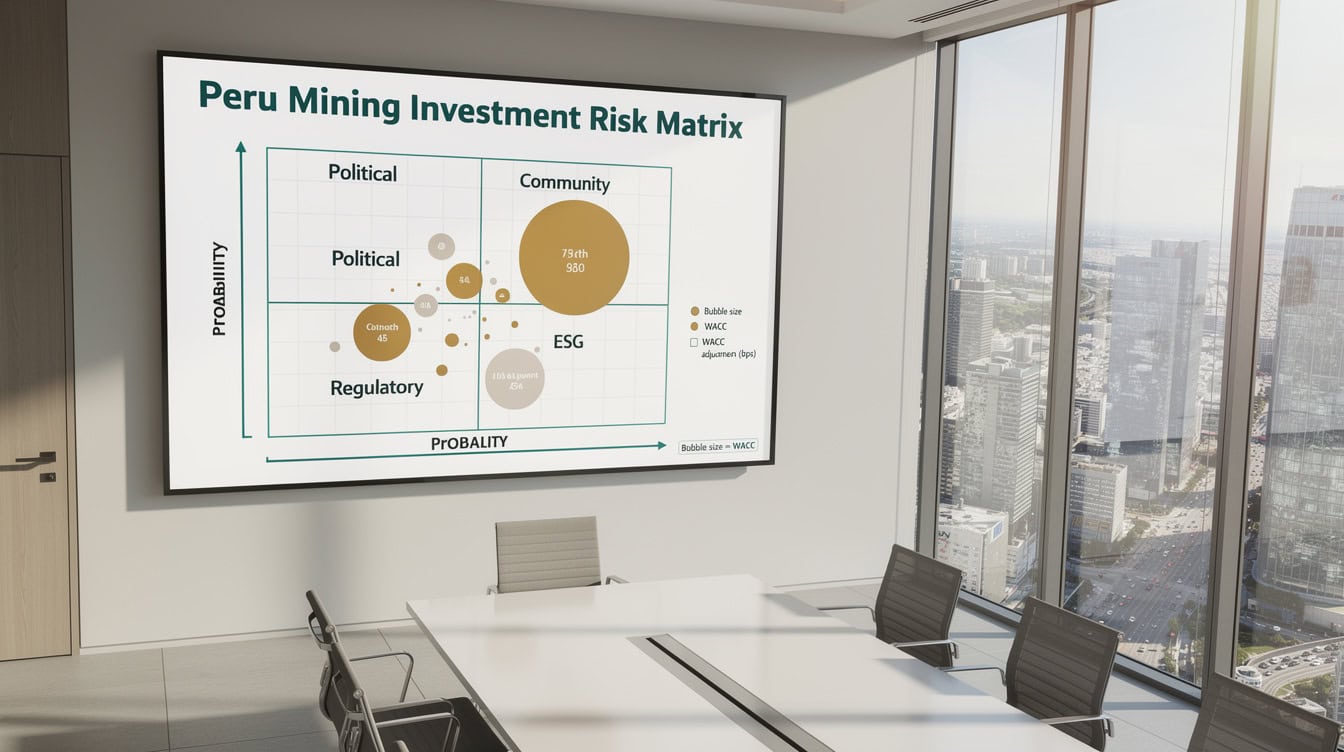 Risk matrix for Peru mining investments showing political community regulatory and ESG risks plotted by probability and impact with WACC adjustment indicators | eFinancialModels Risk matrix for Peru mining investments showing political, community, regulatory, and ESG risks plotted by probability and impact with WACC adjustment indicators