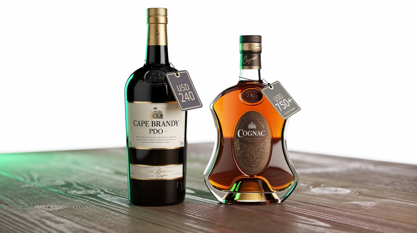 Cape Brandy PDO premium bottle alongside a Cognac bottle illustrating the 30 price gap at prestige tier | eFinancialModels Cape Brandy PDO premium bottle alongside a Cognac bottle illustrating the 30% price gap at prestige tier