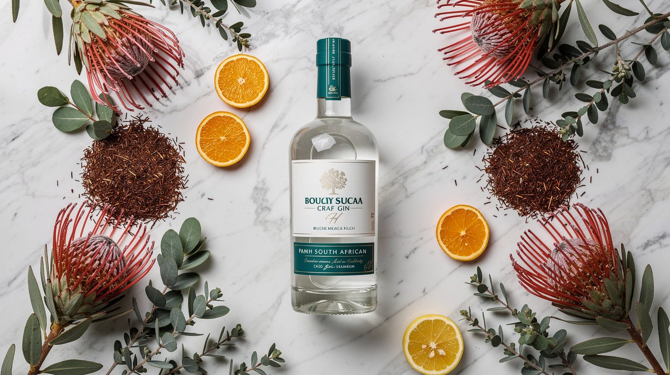 South African craft gin botanicals including fynbos proteas buchu and rooibos arranged around a craft gin bottle | eFinancialModels South African craft gin botanicals including fynbos proteas, buchu, and rooibos arranged around a craft gin bottle