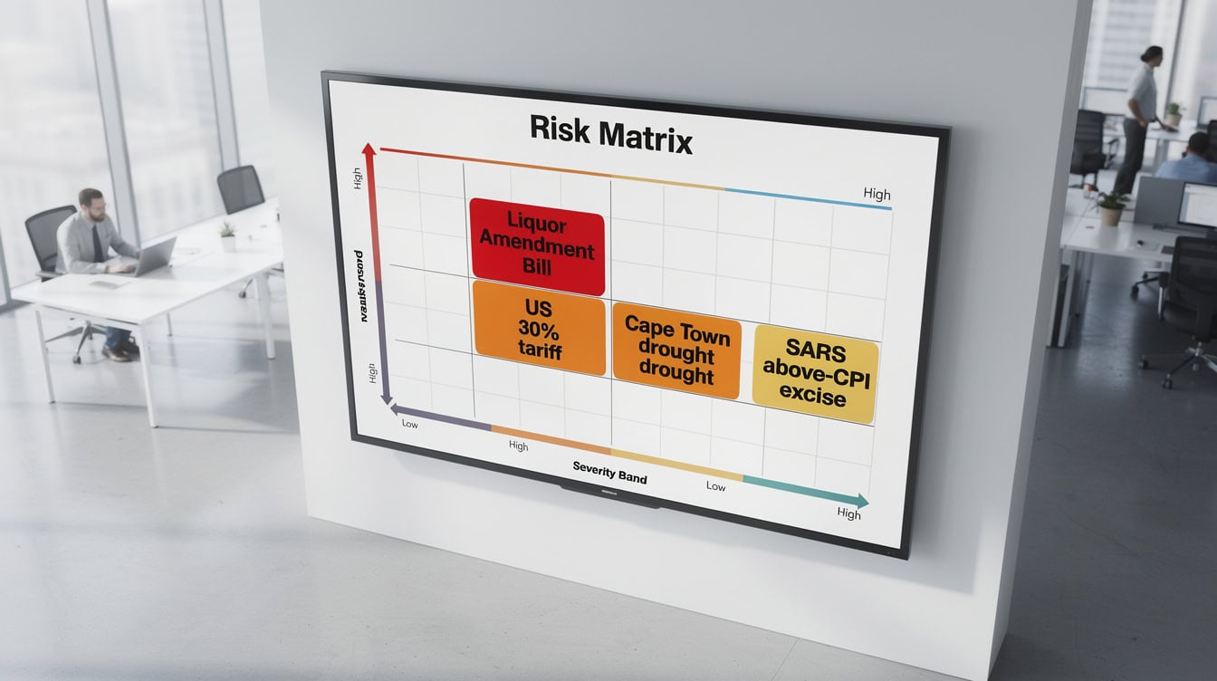 Risk matrix for South Africa distilleries 2026-2031 showing five key risks ranked by severity from Critical to Moderate | eFinancialModels Risk matrix for South Africa distilleries 2026-2031 showing five key risks ranked by severity from Critical to Moderate