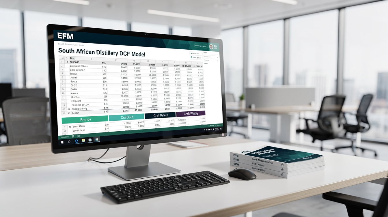 Financial analyst reviewing a South African distillery DCF model on a monitor with market study report on desk | eFinancialModels Financial analyst reviewing a South African distillery DCF model on a monitor with market study report on desk