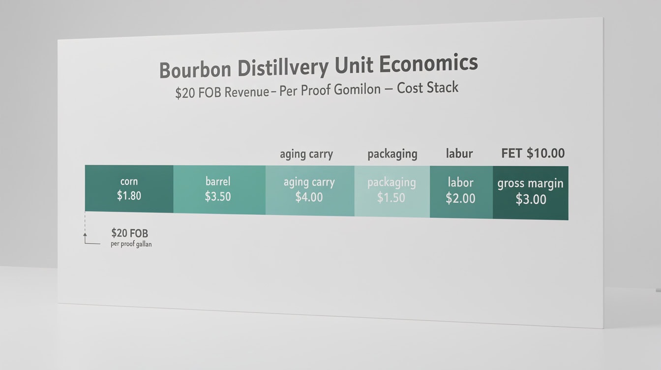 Stacked bar chart showing bourbon distillery unit economics cost breakdown per proof gallon including corn barrel aging carry FET and gross margin | eFinancialModels Stacked bar chart showing bourbon distillery unit economics cost breakdown per proof gallon including corn, barrel, aging carry, FET, and gross margin