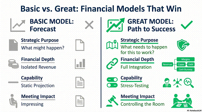 image | eFinancialModels Infographic comparing Basic vs Great financial models: left shows forecast, isolated revenue, static projection, and meeting impact; right shows path to success, full integration, stress-testing, and room control.